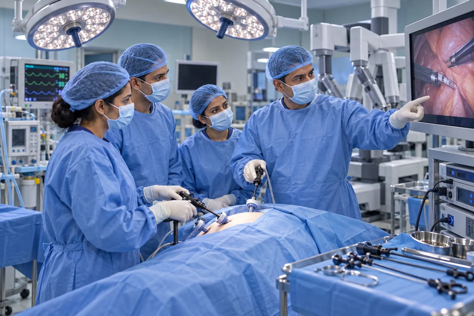 Medical students and a faculty physician reviewing a clinical case in a teaching room